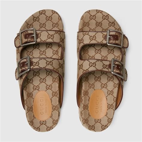 Men's slide sandal with straps in beige and ebony GG canvas 